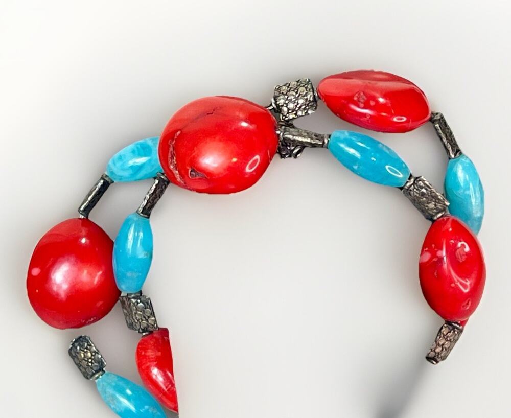 VTG Chunky Turquoise Glass & Red Coral Gemstone Torsade Necklace/Wrap Bracelet